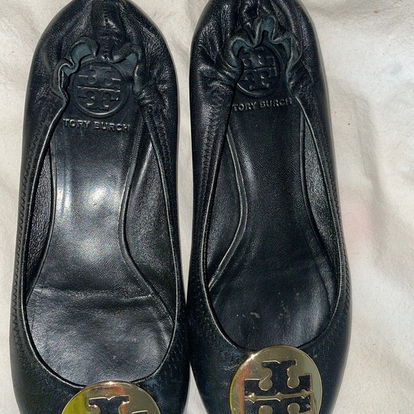 Tory Burch Gold Logo Black Flats Size 7 - Picture 5 of 6